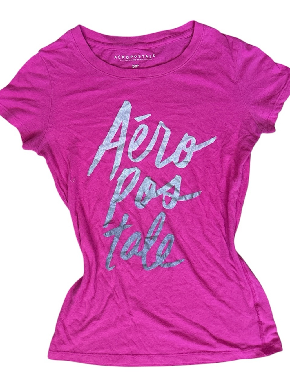 Aeropostale Hot Pink Glitter Script Graphic Baby Tee Small
